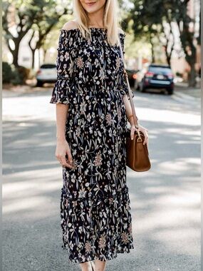 Chelsea28 Navy Floral Off-Shoulder Tiered Maxi Dress